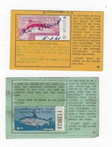 2 CALIFORNIA  FISHING STAMPS ON LICENSES EXPIRES DEC 1960 & DEC 1961