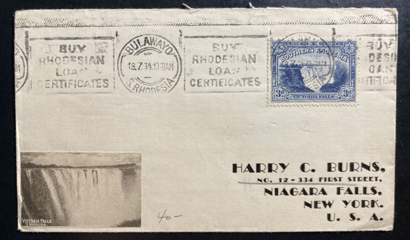 1934 Bulawayo Southern Rhodesia Cover To Niagara Falls NY USA 