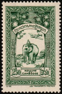 ✔️ CAMBODIA 1954 - AIRPLANE OVER ELEPHANT - SC. 28 MNH ** [1KH041]