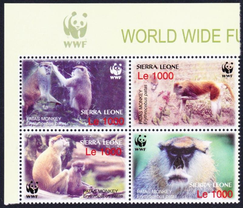 Sierra Leone WWF Patas Monkey Left block 2*2 with WWF Logo SG#4290-4293