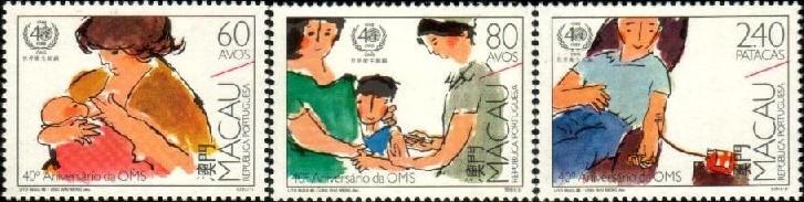 WHO, World Health Org., 40th Anniv., Macau SC#565-7 MNH set