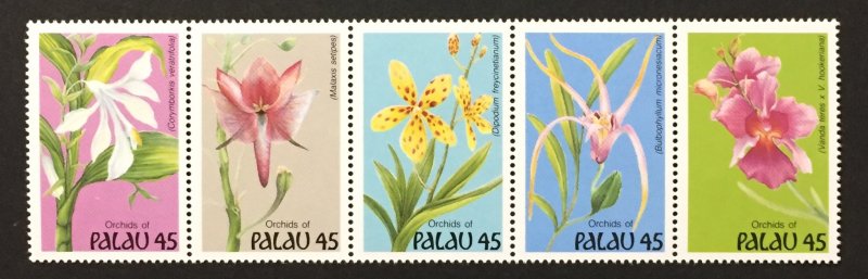 Palau 1990 #241a Strip of 5, Orchids, MNH.