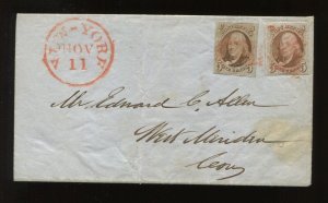 1 Franklin Imperf Used Stamps on Cover New York to West Meriden CT (Cv 1010)