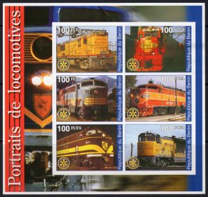 Benin 2002 LOCOMOTIVES TRAINS - ROTARY EMBLEM Sheetlet (6) IMPERFORATED MNH