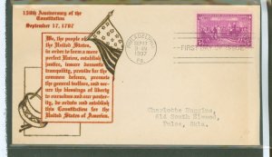 US 798 1937 u s constitution 150th anniversary on an addressed, typed, fdc with a bronesky thermograph cachet