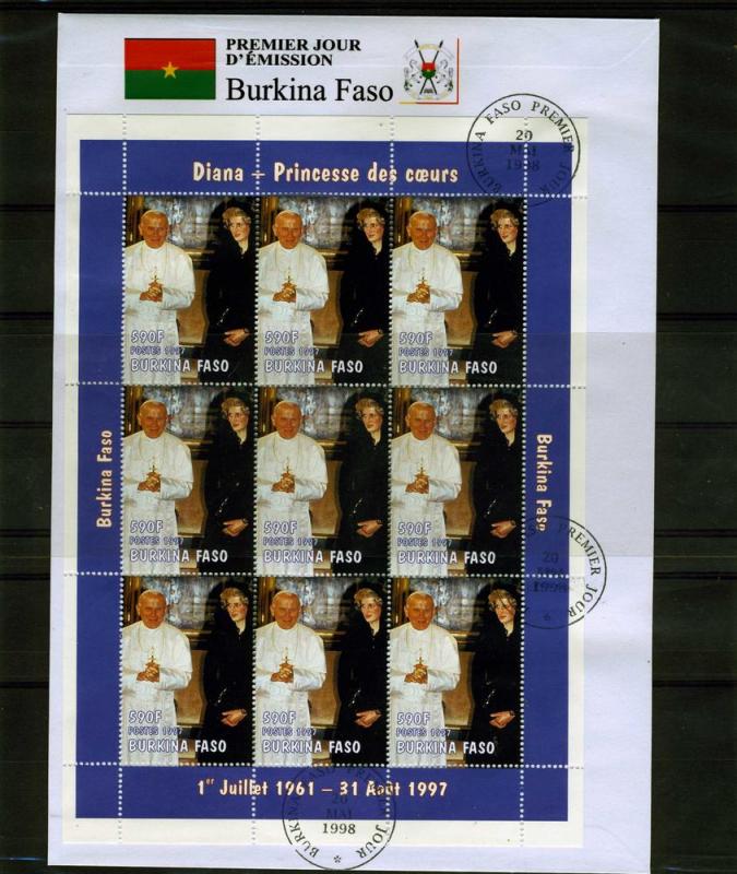 Burkina Faso 1998 Pope John Paul II-Princess Diana Sheet perforated in FDC