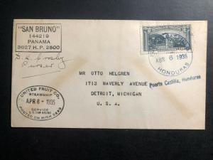 1935 Puerto Castillo Honduras United Fruit co Paqueboat Cover To Detroit MI USA