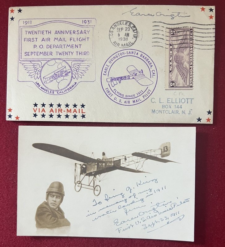 US 1931 Earle Ovington 1st US Airmail Pilot, Signed Card,Photo and Plane