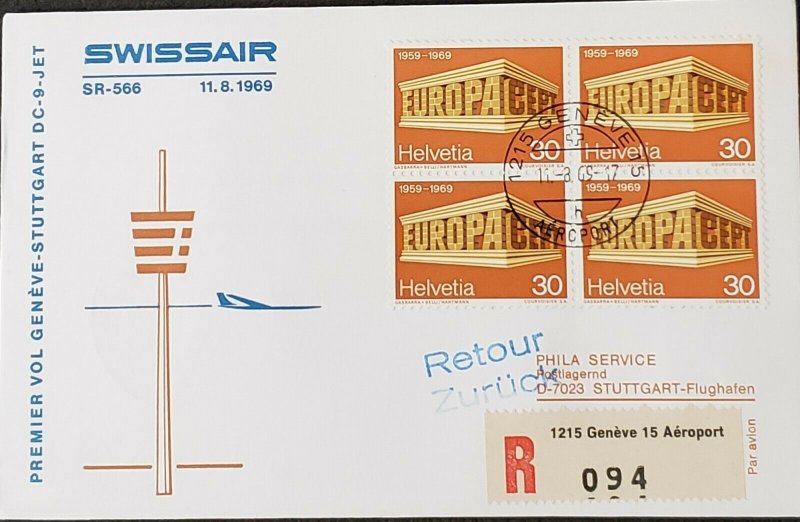 Swissair 1969 Geneva First Flight Sttugart Europa Stamp