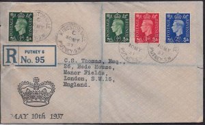 GB First Day Covers (QE illus, not h/addr) 1937 ½d, 1d, 2½d on neat illus reg