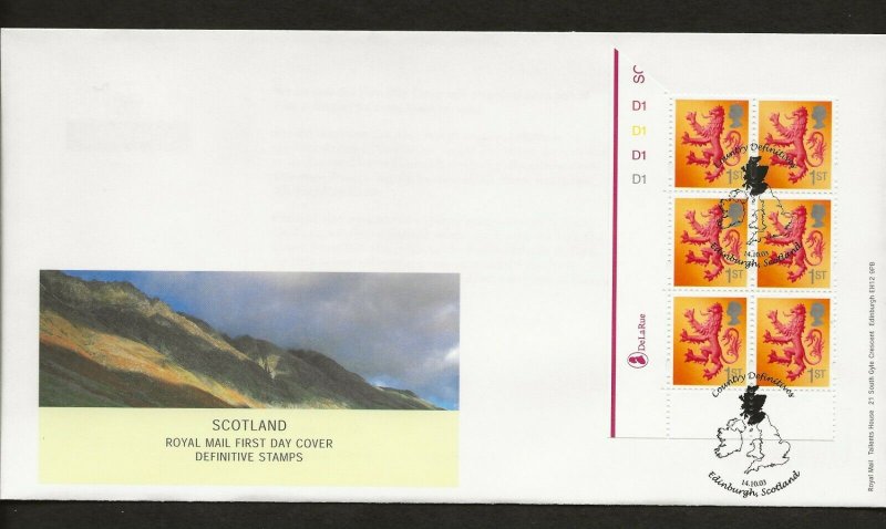 14/10/03 NEW DE LA RUE BYFLEET 2nd,1st,E,68p SCOTLAND EMBLEM,CYL.NO.BLOCKS FDCS 