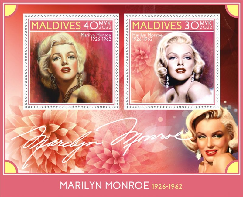 Stamps. Cinema, Actresses, Marilyn Monroe 2022 Maldivies 1+1 sheets ...