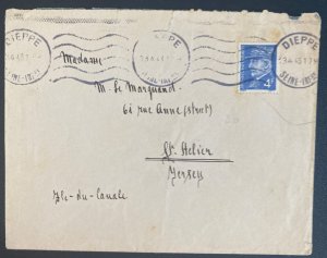 1943 Dieppe France Cover To St Helier Occupied Jersey Channel Island