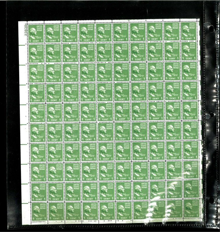 1938 George Washington US Postage Stamp #804 Plate No. 23838 Mint Full Sheet