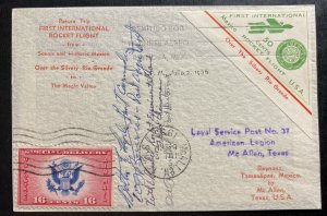 1936 Reynosa Tamps Mexico First Rocket Flight Mail cover To McAllen USA Signed J