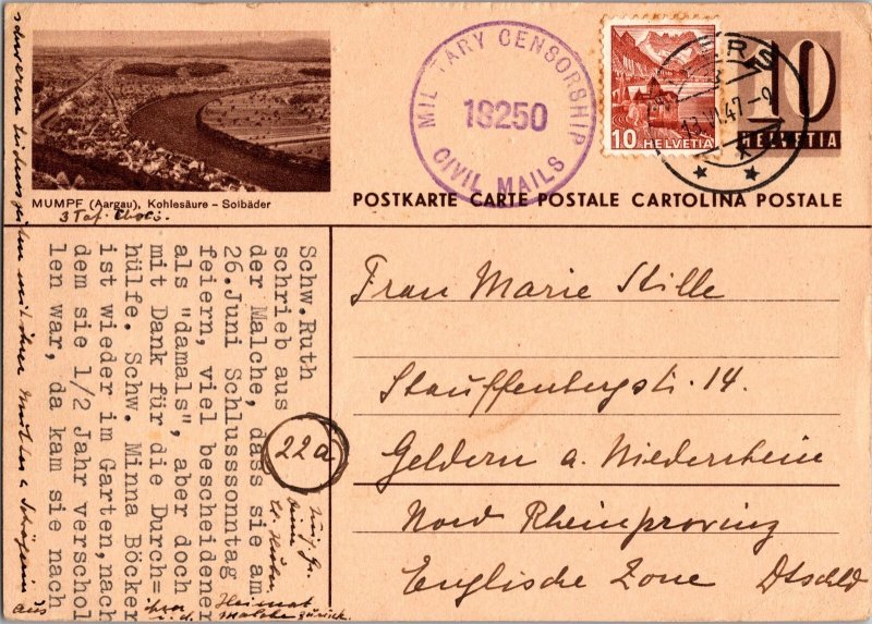 1947 Aargau Switzerland Civil Mail Postcard cover Germany English Zone WWII