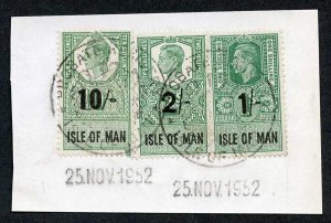 Isle of Man KGVI 10/- 2/- and 1/- Key Plate Type Revenues CDS on Piece