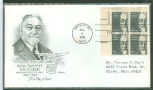 US 1295 1966 ($5 plateblock of four) John bassett Moore, jurist (Prominent American series) on addressed first day cover with ar