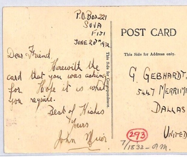 FIJI KGV VIEW-SIDE Postcard *MOUNTAINEER'S CHILDREN* Ethnic PPC 1932 Texas PJ13