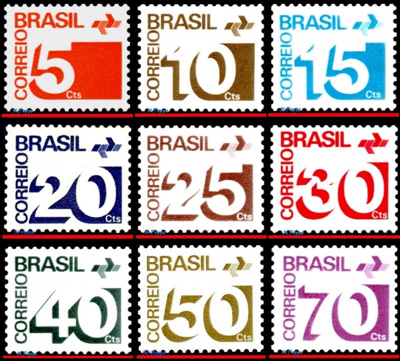 1248-56 BRAZIL 1972 1973 1974 1975 NUMERALS, POST OFFICE EMBLEM,SET COMPLETE MNH