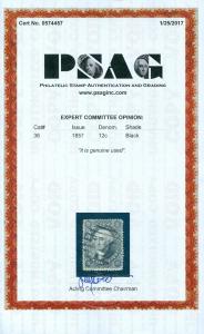 USA : 1857. Scott #36 Used. Nice stamp. PSAG Certificate. Catalog $350.00.