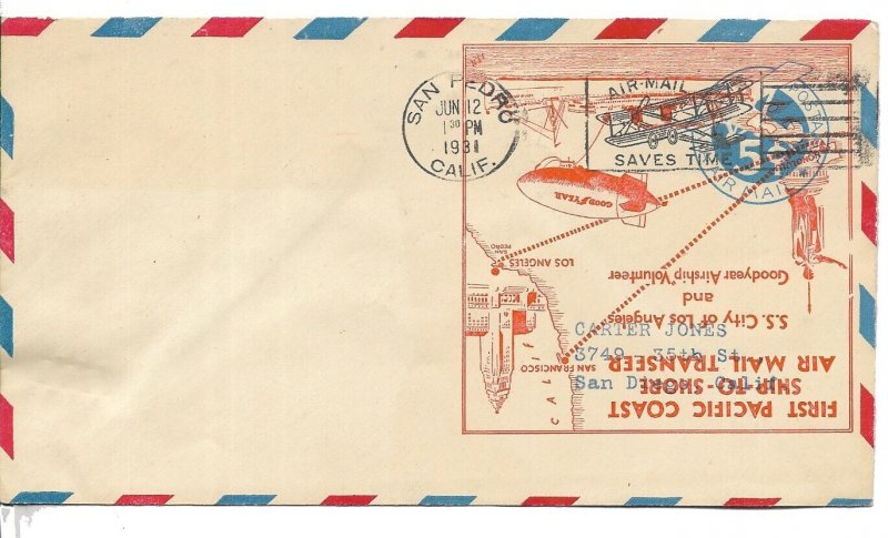 NN 593 AVIATION UNITED STATES FIRST PACIFIC COST SHIP TO SHORE AIR MAIL TRANSFER
