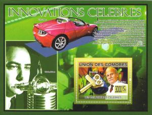 COMORES 2009 SHEET FAMOUS INNOVATIONS CELEBRES NOBEL BARDEEN TESLA CARS cm9212b