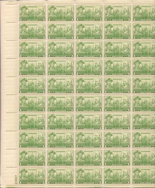 US Stamp - 1936 1c Navy, John Paul Jones - 50 Stamp Sheet - Scott #790 