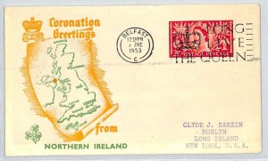 GB QEII 1953 FDC *Northern Ireland* CORONATION GREETINGS Map ROYALTY Slogan XE43