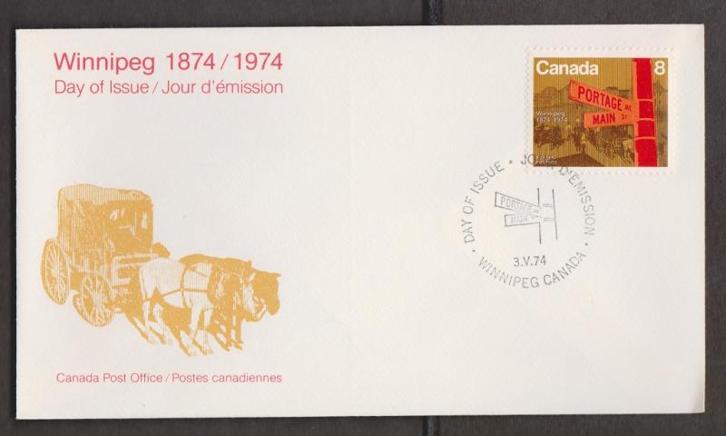 CANADA Scott # 633 On FDC - 1974 Centennial Of Winnipeg Issue