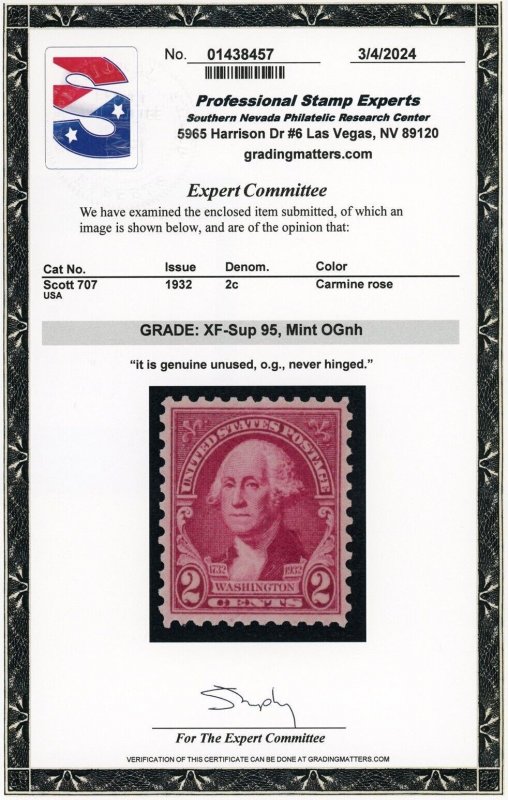 US Stamp #707 Washington 2c - PSE Cert - XF-SUP 95 - MNH - SMQ $50.00