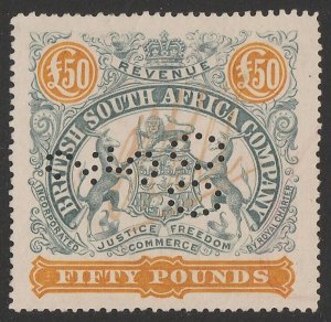 RHODESIA 1897 Arms Revenue £50 grey-green & orange perf 15.