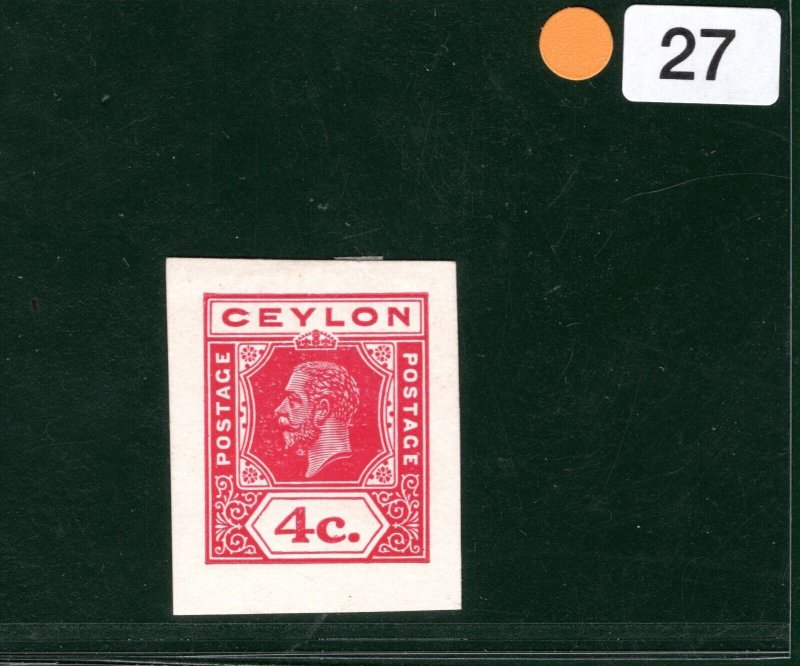 CEYLON KGV Stamp 4c Red PROOF/COLOUR TRIAL Key Plate Stationery Die YOW27