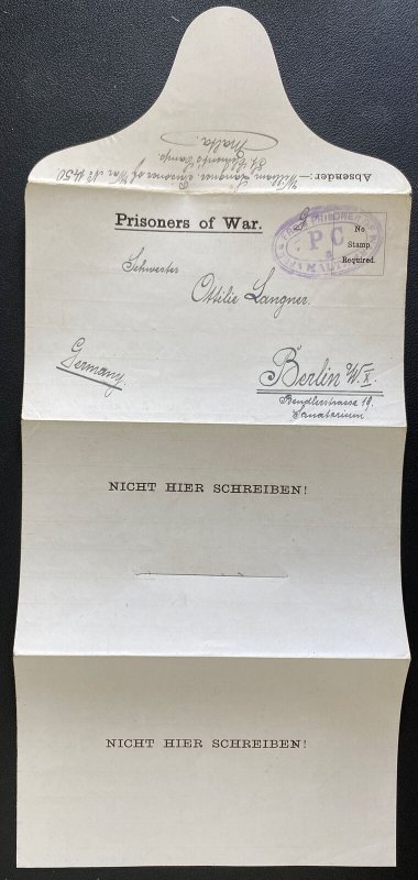 1919 Malta St Clement Camp Prisoner of War POW Letter cover to Berlin Germany