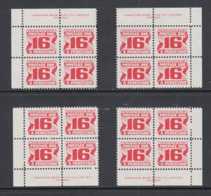 Canada Uni J37 MNH.1973 16c Postage Due Sheet Corner Imprint Blocks, matched set