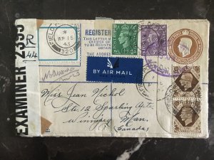 1943 London England Registered Uprated PS Envelope Cover to Winnipeg Canada