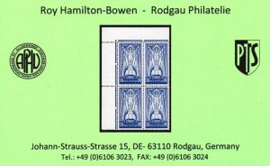 1945 10/- on cream paper, TL corner block of 4, u/m mint and brilliantly fresh