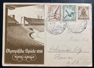 1936 Kiel Germany Postcard Cover To Arkansas KA USA Olympic Games