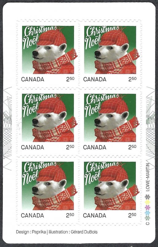 Canada #2883a $2.50 Polar Bear (2015). Booklet of 6 stamps. MNH