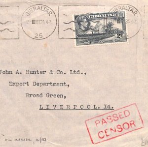 GIBRALTAR WW2 KGVI Cover MAGENTA *PASSED CENSOR* 1942 Liverpool {samwells}YW43
