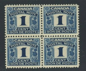 4x Canada Revenue Postal Note Stamps Blk of 4 #FPS1-1c Blue 2xMNH 2xMH GV=$25.00