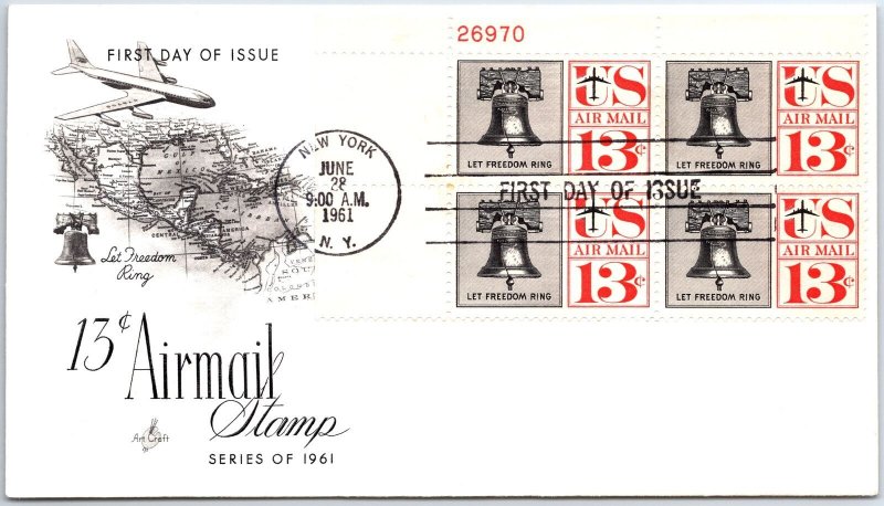 US FIRST DAY COVER FIRST PRINTING 13c AIRMAIL PLATE BLOCK (4) ART CRAFT 1961