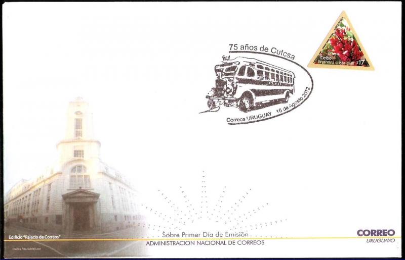 URY-142 URUGUAY 2012 TRANSPORT BUS COVER SPECIAL POSTMARK