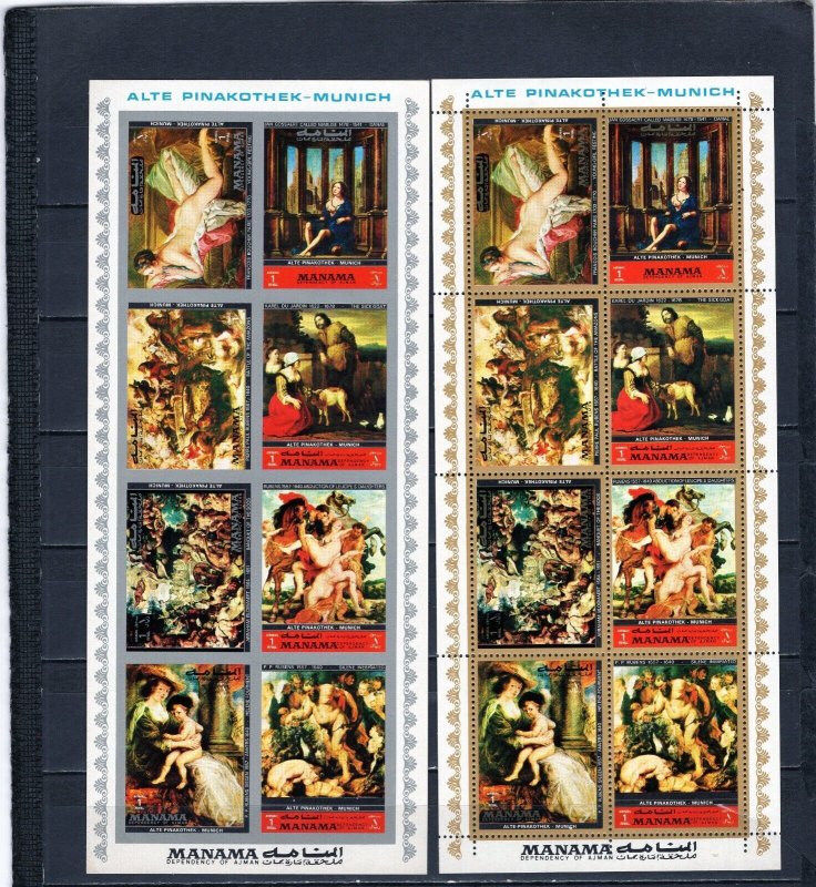 MANAMA 1972 PAINTINGS IN THE OLD PINAKOTHEK MUNICH 2 SHEETS OF 8 STAMPS MNH