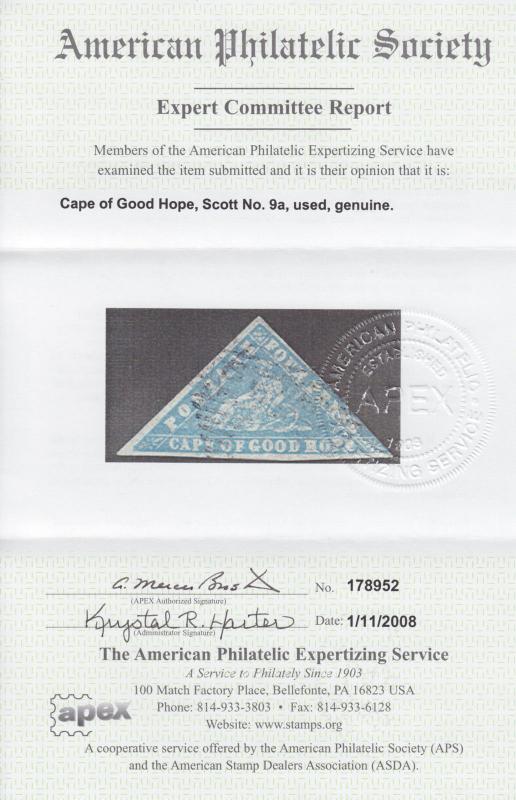 Cape of Good Hope Sc 9a used 1861 4p pale blue Woodblock Triangular, APEX Cert