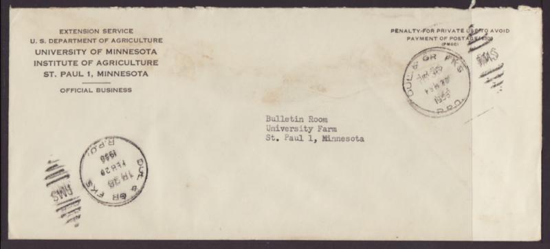 US Department of Argriculture University of MN Official Mail 1945 RPO Cover