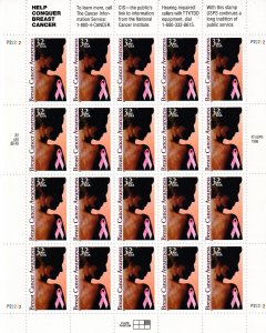 Sc# 3081 1996 U.S 32¢ Breast Cancer Awareness full sheet MNH CV $13.00