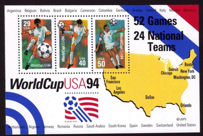 US #2837, Sheet,  World Cup Soccer,  S.S., VF mint never hinged, Fresh Sheets...