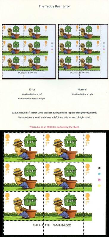 SG2263Var 2002 Teddy Bear ERROR Value and Queens Head at LEFT and in MARGIN U/M