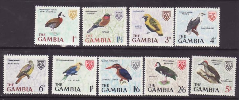 Gambia-Sc#215-25 ex 215,218- id17-unused NH short set to 5sh-Birds-1966-